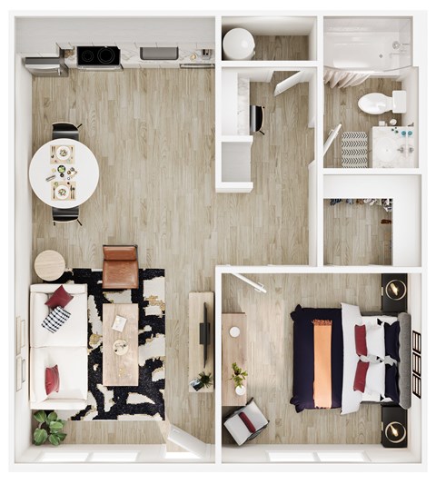 A top-down view of a well-organized living space with a dining area, kitchen, and bedroom.